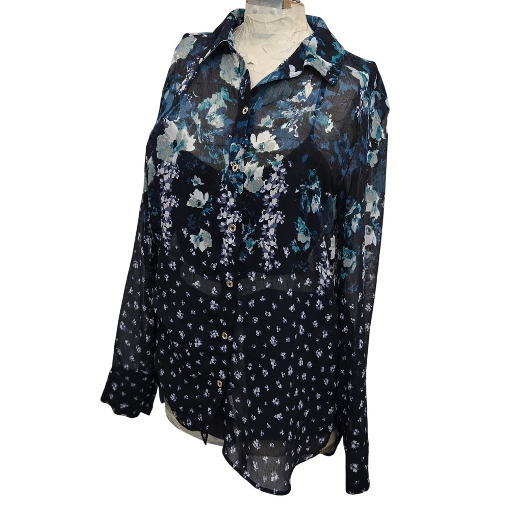 Tommy Hilfiger Blouse Women's Small Blue Floral Sheer Button Up Long Sleeve Top